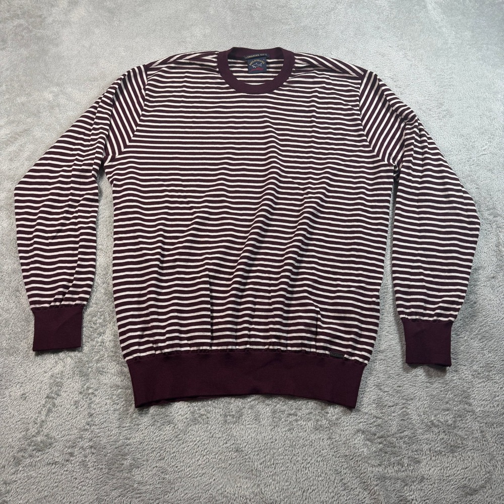 Paul & Shark Sweater Men XL Burgundy Striped Virgin Wool Crewneck Tasmanians 120